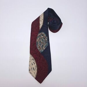 Retro Ferracci Mens Silk Necktie Burgundy Navy Blue Abstract Geometric Pattern